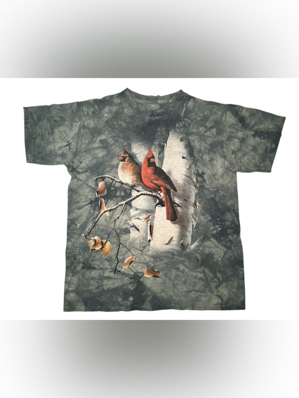 The Mountain Green Short-Sleeve Tee with Cardinal Couple and Birch Tree